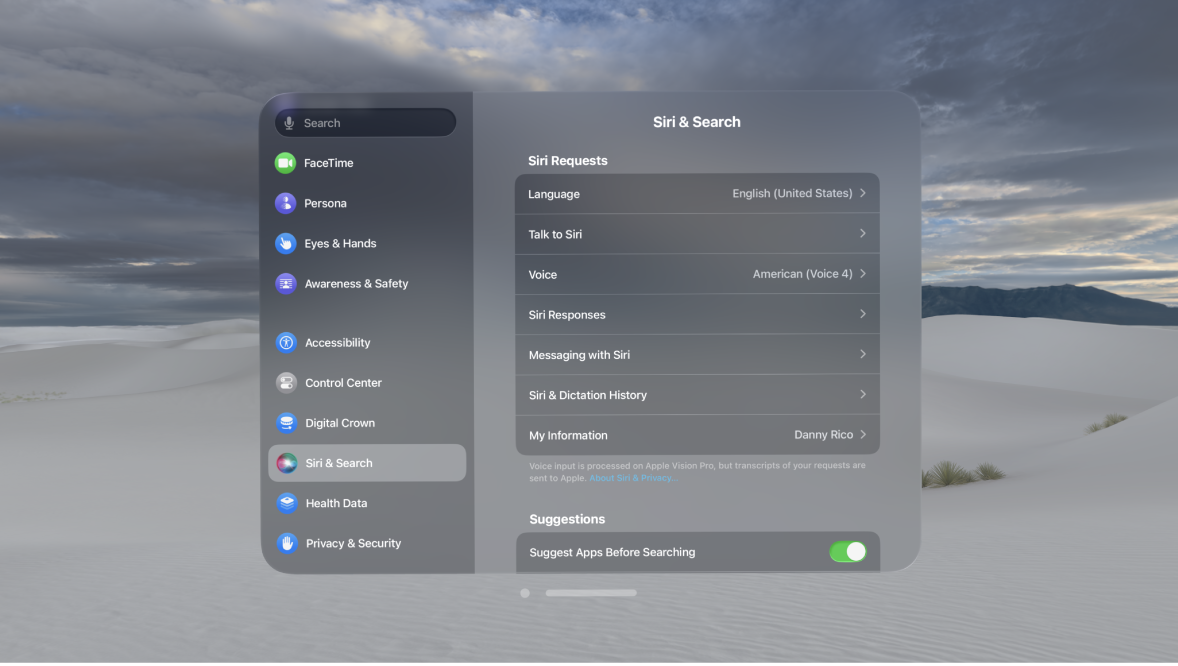 Siri & Search settings on Apple Vision Pro, where you can change when Siri responds, the Siri voice, and more.