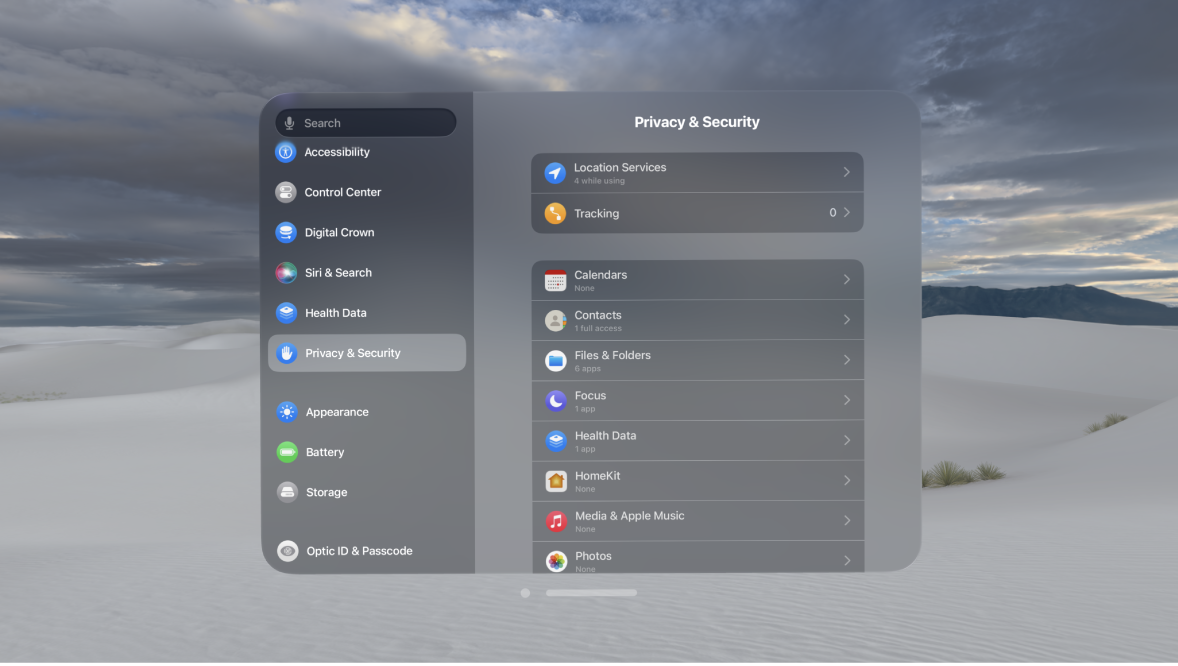 The Privacy & Security settings on Apple Vision Pro, showing settings for Location Services at the top.