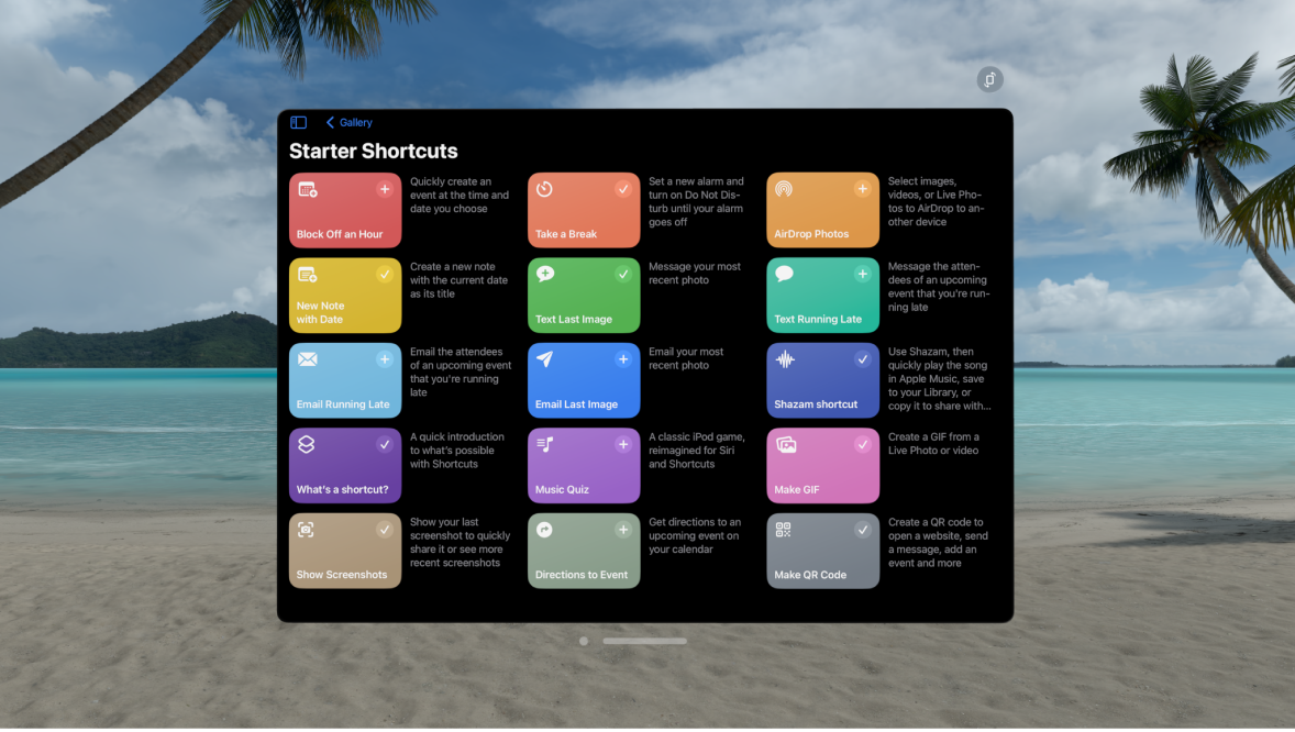 The Shortcuts app on Apple Vision Pro, showing the gallery of premade shortcuts.