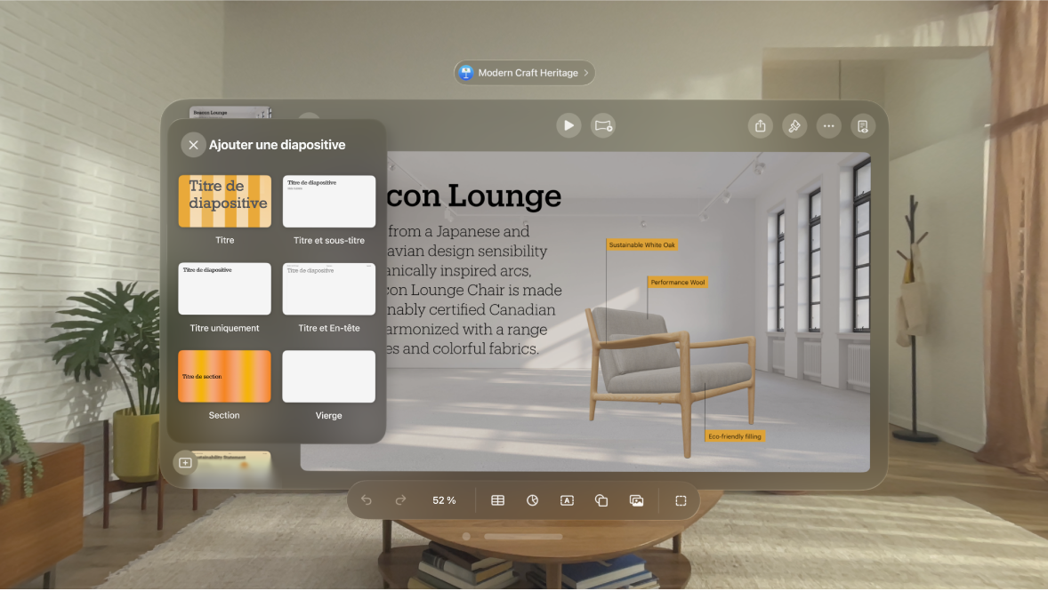 L’app Keynote sur Apple Vision Pro affiche des options permettant d’ajoute une nouvelle diapositive.