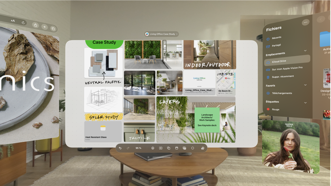 Vue d’un utilisateur sur l’Apple Vision Pro. Les apps Keynote, Musique, Fichiers et Safari sont toutes visibles.