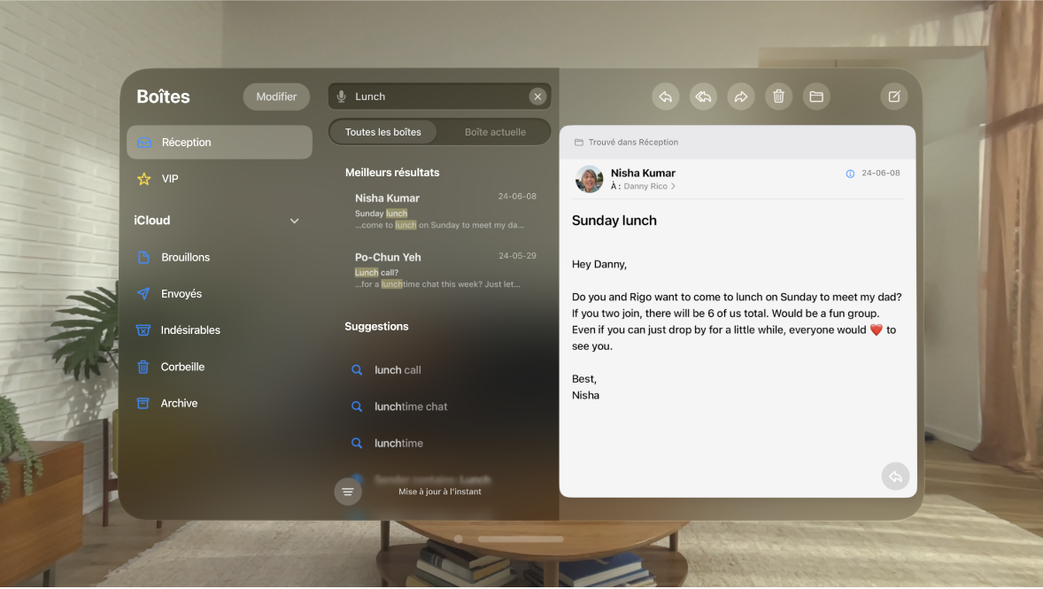 L’app Mail sur l’Apple Vision Pro qui affiche un champ de recherche et un courriel qui correspond à la recherche.