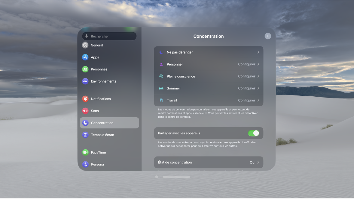 Réglages du mode de concentration sur l’Apple Vision Pro, montrant les options pour configurer un mode de concentration, le partager sur vos appareils et partager l’état du mode de concentration.