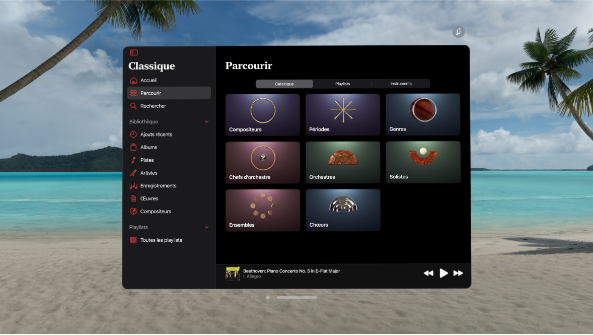 L’app Apple Music Classical sur l’Apple Vision Pro, présentant les options Catalogue dans l’onglet Parcourir.