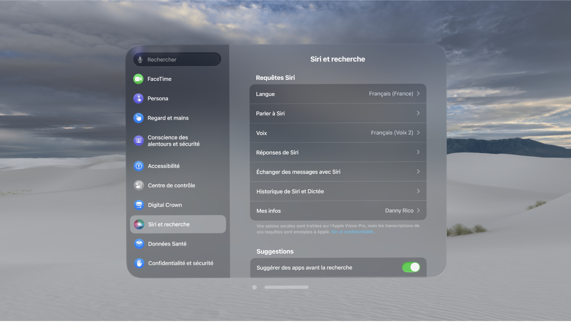 Réglages « Siri et recherche » sur l’Apple Vision Pro, où vous pouvez modifier les moments où Siri répond, la voix de Siri, et plus encore.