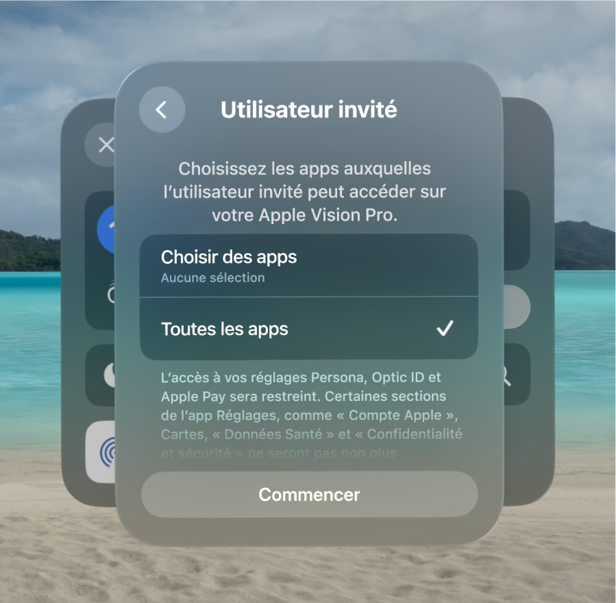 Réglages « Utilisateur invité » sur l’Apple Vision Pro, avec des options pour modifier les apps auxquelles la personne invitée peut accéder.