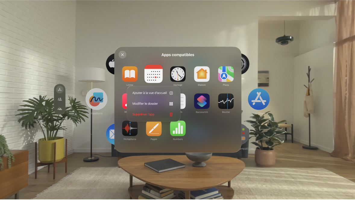 Le dossier Apps compatibles. Un menu présente des options permettant de supprimer une app, de modifier le dossier ou d’ajouter une app à la vue d’accueil.