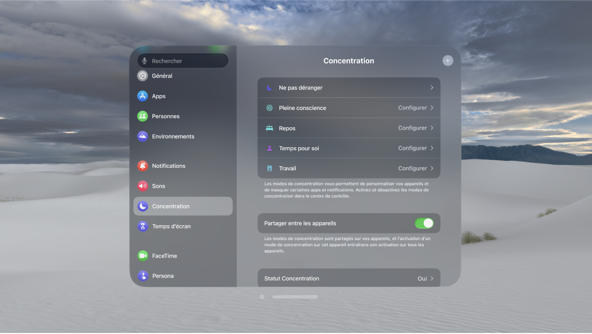 Réglages Concentration sur l’Apple Vision Pro, affichant des options pour configurer un mode de concentration, le partager entre les appareils et partager un statut Concentration.