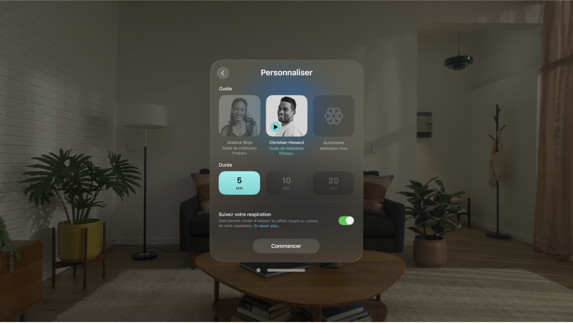Menu de l’app Pleine conscience, avec des options permettant de changer de guide, de modifier la durée de la séance et d’activer ou de désactiver « Suivez votre respiration ».