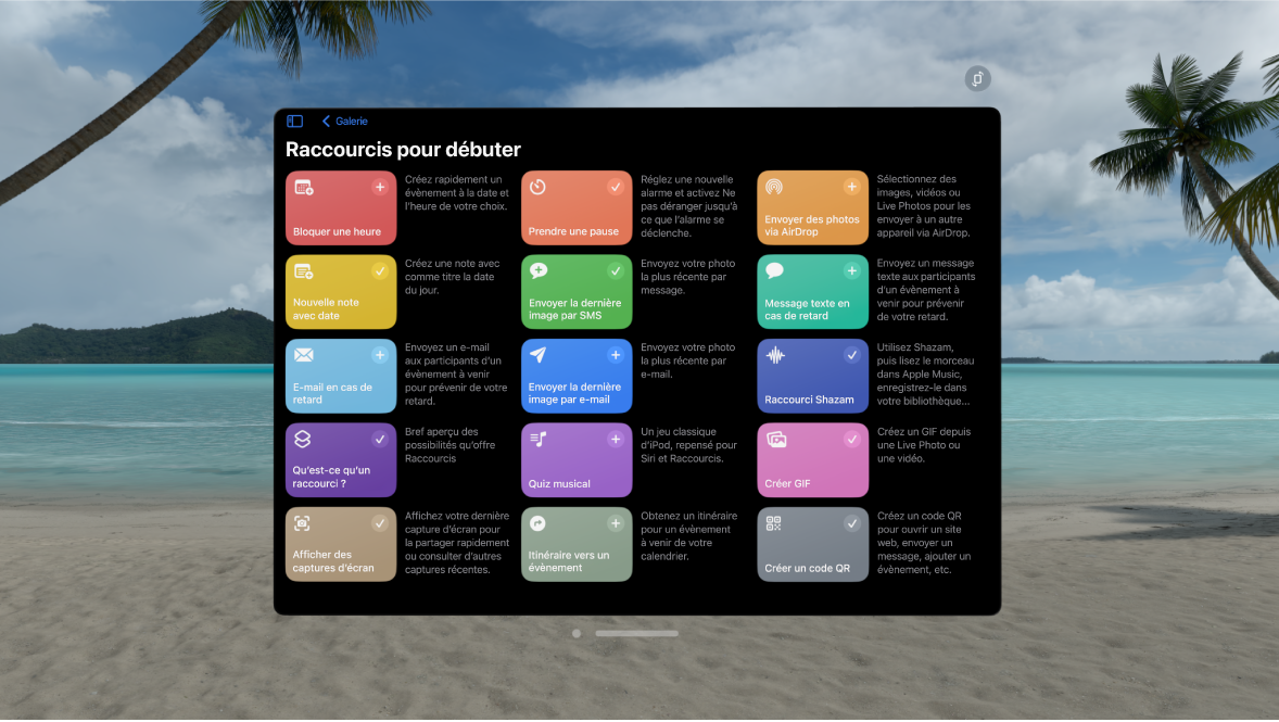 App Raccourcis sur l’Apple Vision Pro, affichant la galerie des raccourcis prédéfinis.