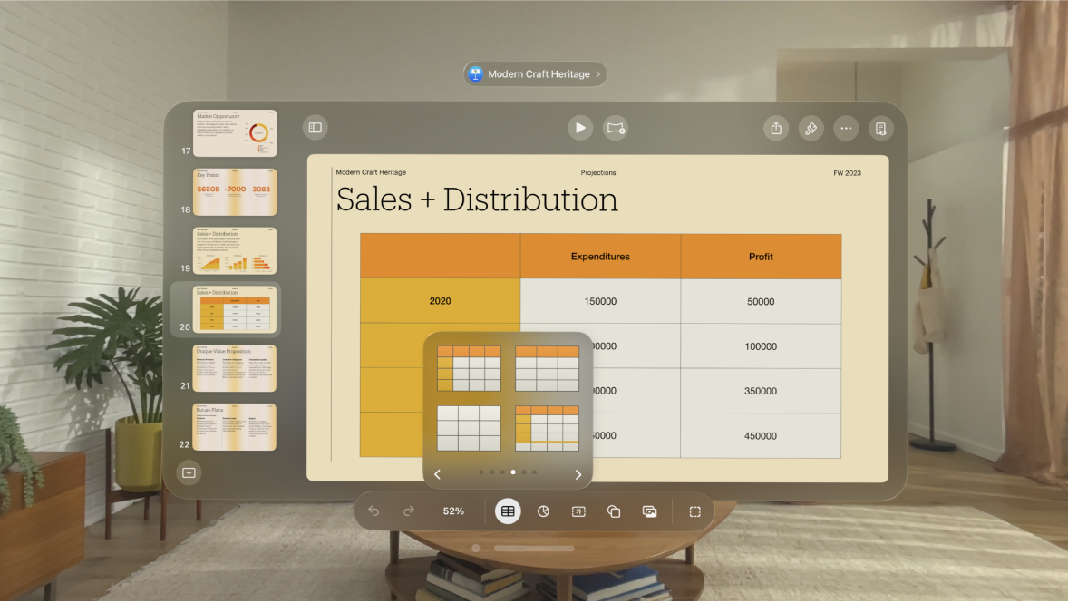 도구 막대의 표 옵션이 표시된 Apple Vision Pro의 Keynote 앱.