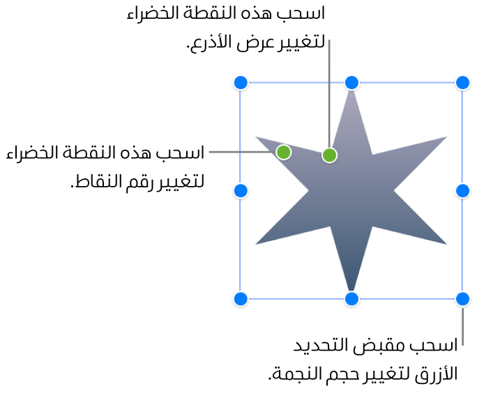 تم تحديد شكل نجمة، تتضمن نقطتين باللون الأخضر يمكنك سحبهما لتغيير عرض الأذرع وعدد النقاط.