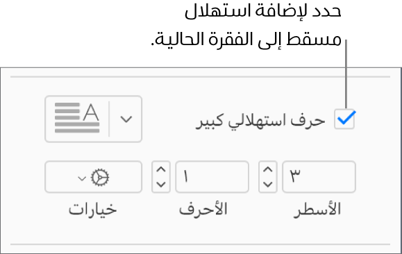 خانة اختيار الحرف الاستهلالي الكبير محددة، وتظهر قائمة منبثقة على يسارها؛ تظهر عناصر التحكم لإعداد ارتفاع السطر وعدد الأحرف والخيارات الأخرى أسفلها.