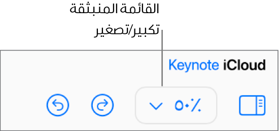 قائمة "تكبير/تصغير" المنبثقة في شريط الأدوات.