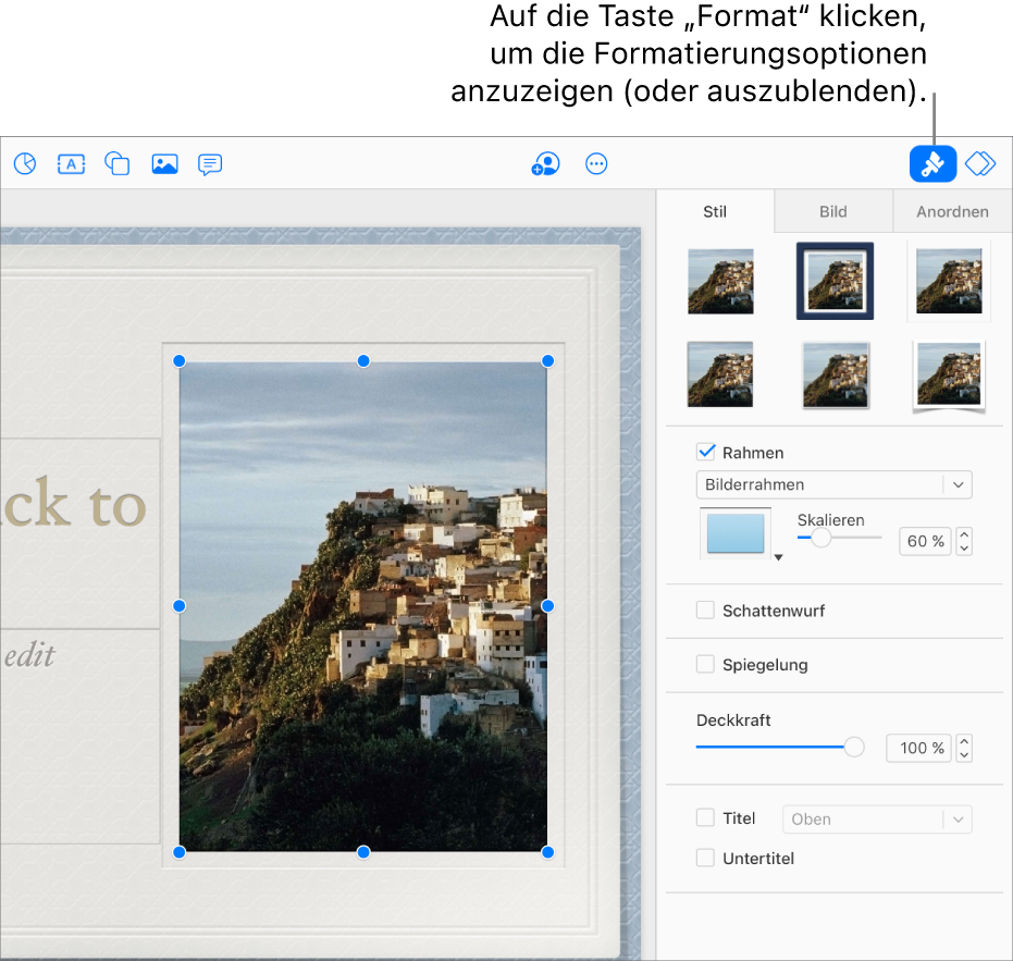 Ein in einer Präsentation ausgewähltes Bild und die Steuerelemente zum Ändern seines Erscheinungsbildes (z. B. Markierungsfelder für Rahmen und Schattenwurf) werden in der rechten Seitenleiste angezeigt.