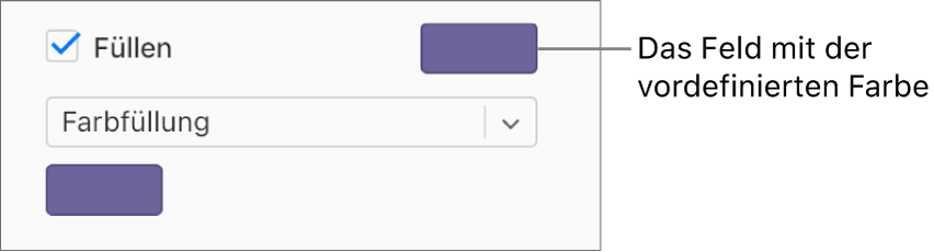 Das Markierungsfeld „Füllen“ in der Seitenleiste ist aktiviert und das Feld mit der vordefinierten Farbe rechts neben dem Markierungsfeld ist mit Lila gefüllt. Unter dem Markierungsfeld ist „Farbe“ im Einblendmenü ausgewählt.