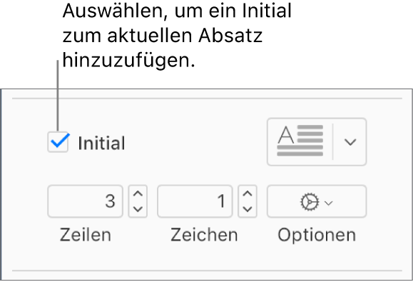 Das Feld „Initial“ ist markiert und rechts davon wird ein Einblendmenü angezeigt; Steuerelemente zur Einstellung der Zeilenhöhe, der Anzahl der Zeichen und weitere Optionen erscheinen darunter.