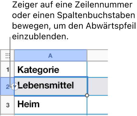 Eine Zeilennummer wurde in der Tabelle gewählt und ein Abwärtspfeil ist auf der rechten Seite nun sichtbar.