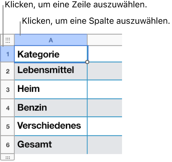 Eine ausgewählte Tabellenzeile mit Coaching-Tipps zur Zeilen- und Spaltenauswahl.