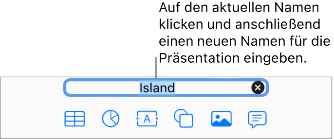 Der aktuelle Name der Präsentation „Präsentation“ ist oben in der Präsentation ausgewählt.