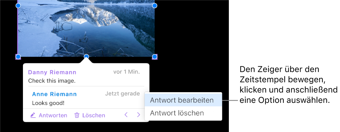 Ein Kommentar mit einer Antwort und dem Mauszeiger auf dem Zeitstempel der Antwort. Ein Einblendmenü zeigt zwei Optionen: „Antwort bearbeiten“ und „Antwort löschen“.