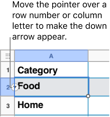 A row number is selected in a table, and a down arrow is visible to its right.