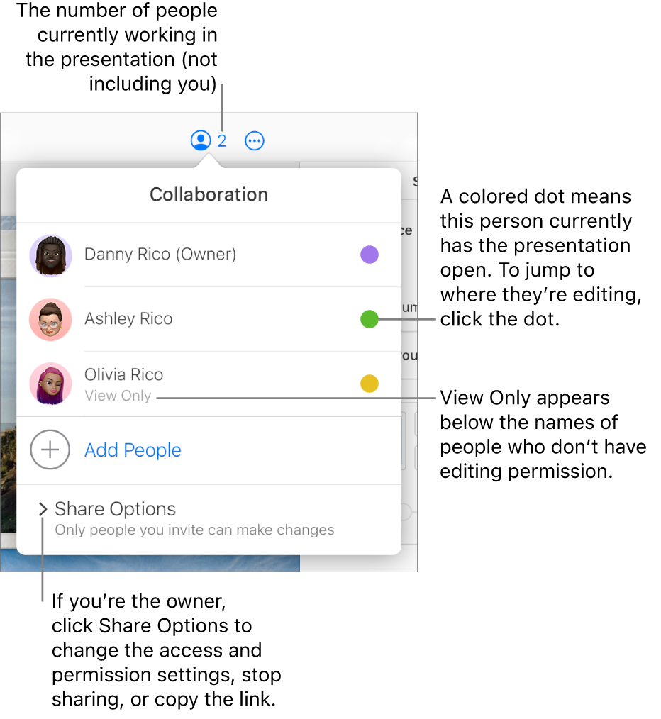 The Collaboration menu open, with a list of three participants (one with View Only access privileges), an option to Add People, and a Share Options section.