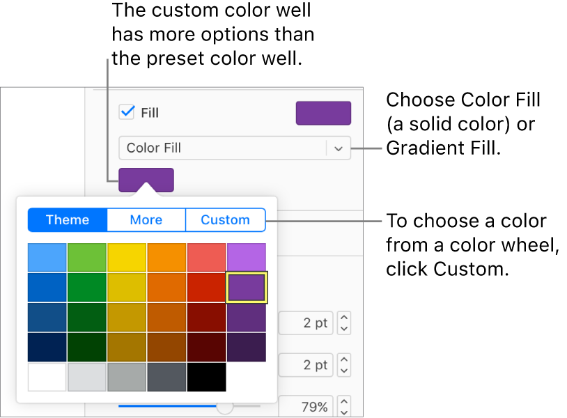 Color Fill is selected in the pop-up menu below the Fill checkbox, and the color well below the pop-up menu shows additional color fill options.