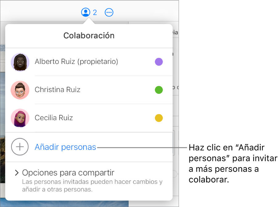 El menú Colaboración abierto con la opción “Añadir personas” debajo de la lista de participantes.