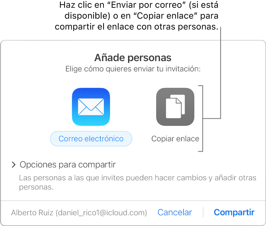 La ventana que se muestra al hacer clic en el botón Colaboración de la barra de herramientas (antes de compartir una presentación). Los botones “Correo electrónico” y “Copiar enlace” permiten elegir cómo compartir la presentación.