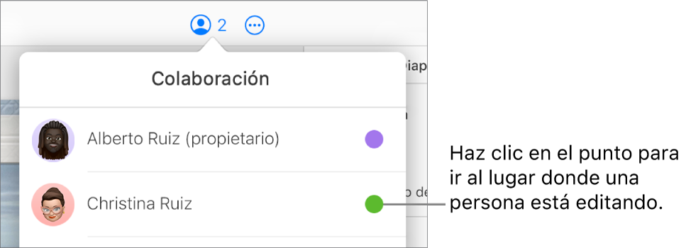 El menú Colaboración abierto con dos participantes y un punto de color diferente a la derecha de cada nombre.