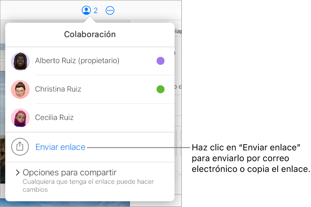 El menú Colaboración abierto con la opción “Enviar enlace” debajo de la lista de participantes.