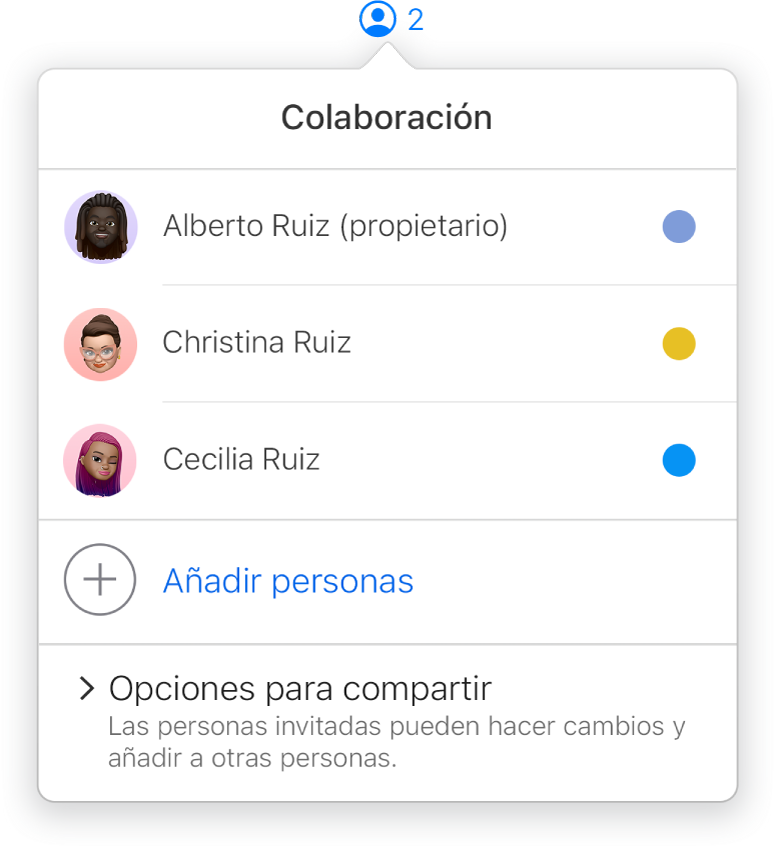 El menú Colaboración con los nombres de las personas que colaboran en la presentación. Las opciones para compartir se encuentran debajo de los nombres.
