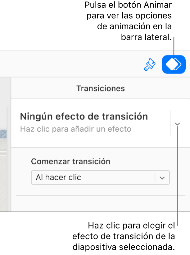 En la barra de herramientas está seleccionado el botón Animar y en el menú desplegable Transiciones aparece la opción “Ningún efecto de transición”.