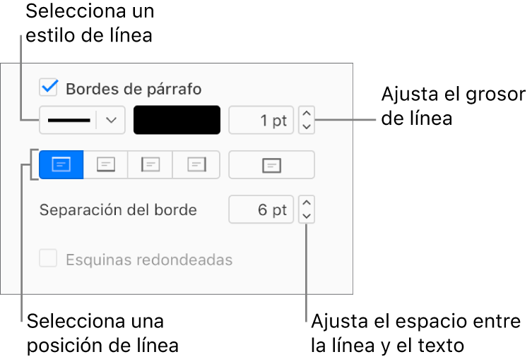 La casilla de verificación “Bordes de párrafo” está seleccionada en la pestaña Formato y, debajo de la casilla de verificación, aparecen controles para cambiar el estilo, el color, el grosor, la posición y la separación del texto.