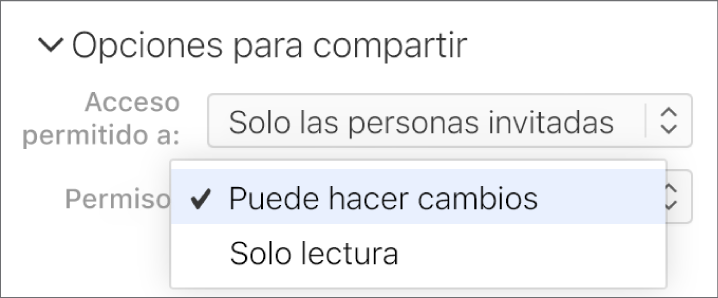 El menú desplegable Permisos situado debajo de “Opciones para compartir” está abierto, con opciones que permiten que otras personas hagan cambios en la presentación o que solo puedan visualizarla.