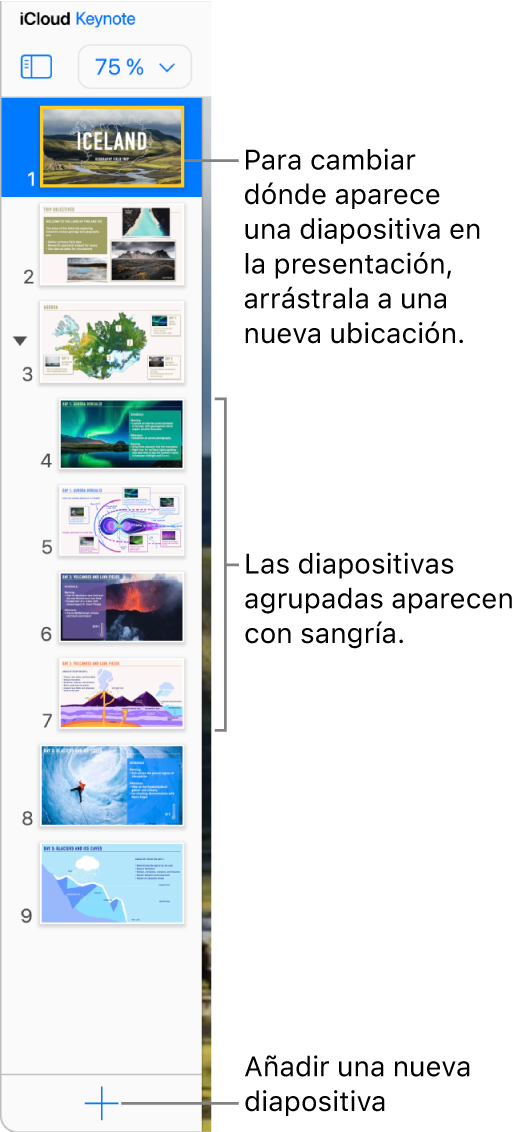 En la barra lateral izquierda está abierto el navegador de diapositivas de Keynote para iCloud, mostrando cinco diapositivas de la presentación. En la parte de debajo de la barra lateral hay un botón para añadir nuevas diapositivas.