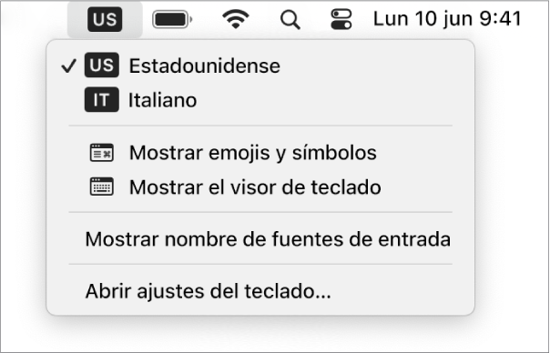 El menú Entrada en el lado superior derecho de la barra de menús está abierto y muestra varios idiomas disponibles, ítems del menú para abrir emoji, símbolos y el visor de teclado, entre otros.