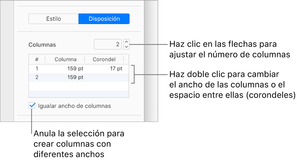 Controles de columna de texto en la sección Disposición de la barra lateral Formato.