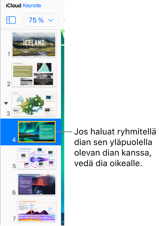 iCloudin Keynoten diojen rakennenäkymä, jossa yhtä diaa siirretään oikealle