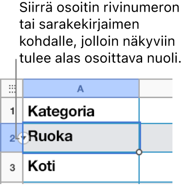 Taulukossa on valittuna rivinumero, jonka oikealla puolella näkyy alanuoli.