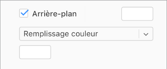 La case Arrière-plan est cochée dans la barre latérale et le cadre de couleur prédéfini sur la droite de la case est rempli en blanc. Sous cette case, l’option « Remplissage couleur » est sélectionnée dans le menu local et au-dessous, le cadre de couleur personnalisé est rempli en blanc.