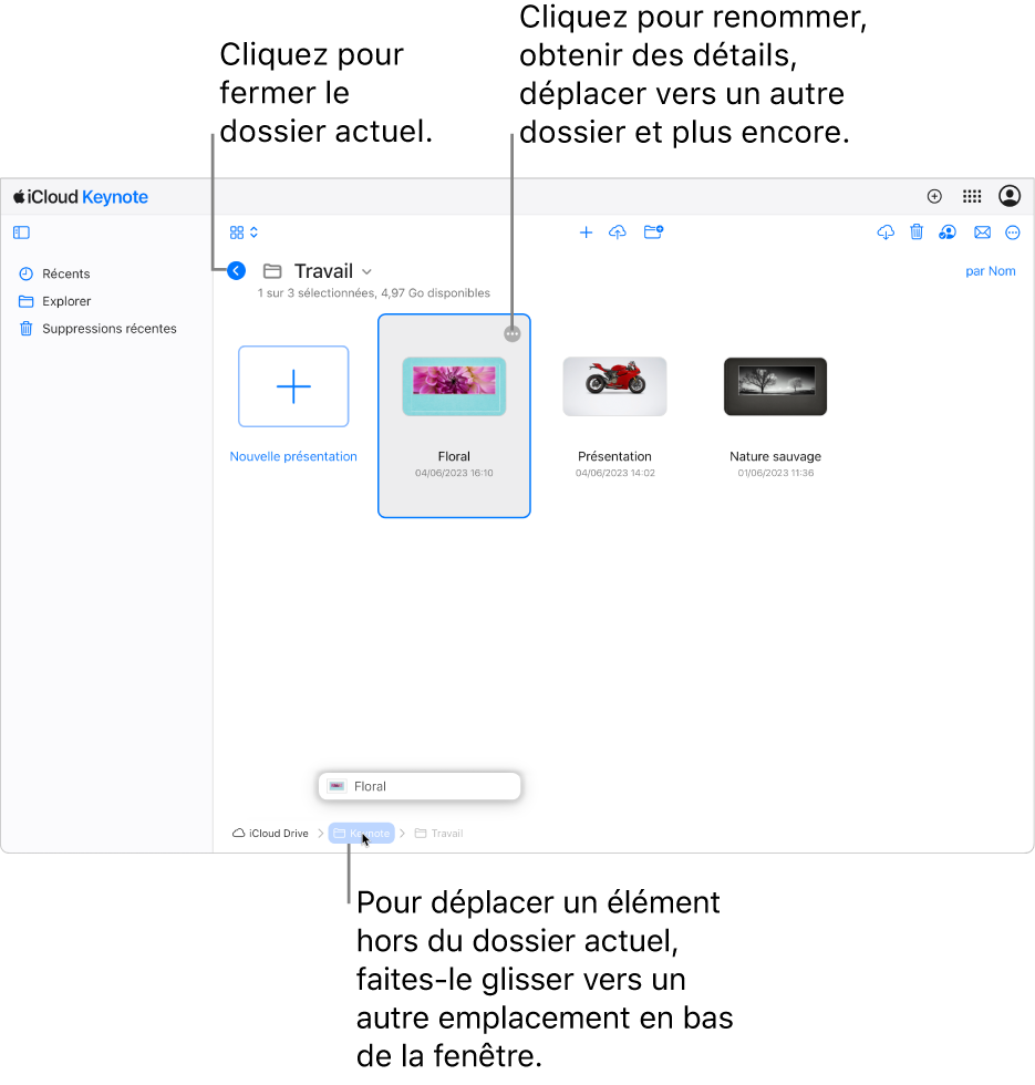 Le gestionnaire de documents en présentation de navigation, montrant le glissement d’une présentation vers un nouvel emplacement (le dossier Keynote) au bas de la fenêtre. Sous la barre latérale, un bouton Retour s’affiche à gauche du nom du dossier en cours (Travail).