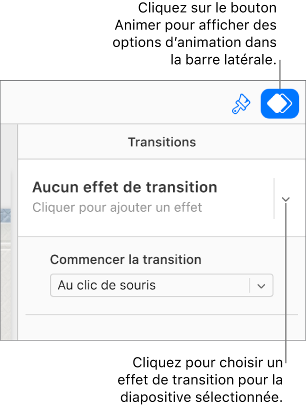 Le bouton Animer est sélectionné dans la barre d’outils et « Aucun effet de composition de sortie » s’affiche dans le menu local Transitions de la barre latérale.