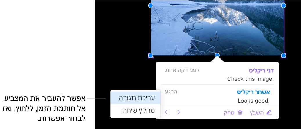 הערה עם תשובה, כאשר סמן העכבר מעל חותמת הזמן של התשובה; מופיע תפריט קופץ עם שתי אפשרויות: ״עריכת תגובה״ ו״מחיקת תגובה״.