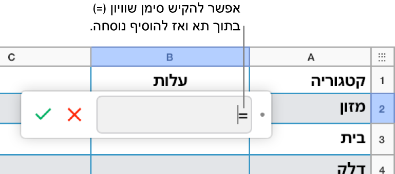 עורך הנוסחאות יחד עם סימן = וללא נוסחה.