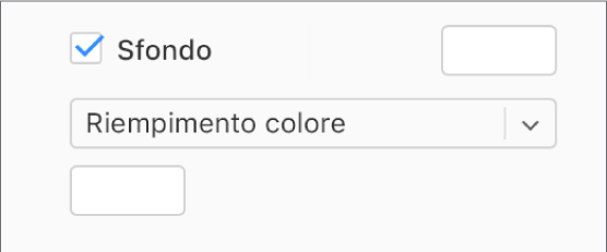 La casella Sfondo é selezionata e l’area dei colori predefinita a destra della casella ha un riempimento di colore bianco. Sotto il riquadro, nel menu a comparsa è selezionato “Riempimento colore”e, sotto di esso, l’area dei colori personalizzata ha un riempimento di colore bianco.