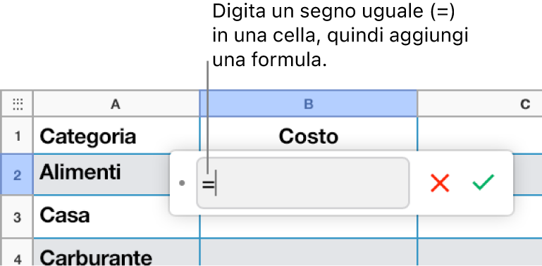 L’editor di formule con il segno uguale (=) e nessuna formula inserita.