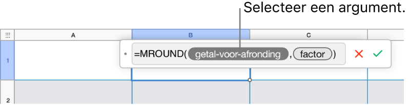 De formule-editor met de ingevoerde SOM-functie en een bijschrijft voor de waarde-argument-token.