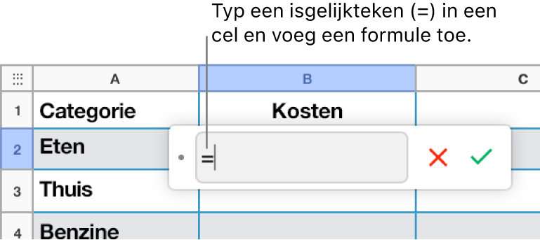 De formule-editor met = en zonder ingevoerde formule.